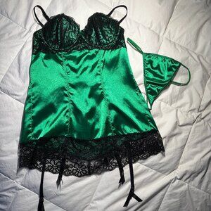 Green Satin Chemise Garter Straps Black Lace